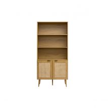Bücherregal mit heller Holzoberfläche, Rattan und schwarzem Metall-Finish L90 MANILLE