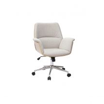 Bürostuhl mit Rollen in strukturiertem Samteffekt-Stoff beige, helles Holz und verchromtes Metall HELIOS