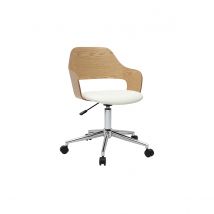 Designer-Bürostuhl auf Rollen weiß, helles Eichenholz und verchromter Stahl JANET