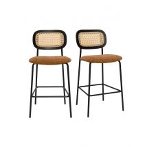 Designhocker aus Samtstoff in verbrannter Erde Effekt, schwarzem Metall und Rattan-Geflecht (Set aus 2) MIRANDA