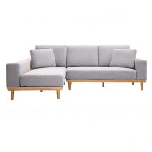 Ecksofa 5-Sitzer mit Stauraum hellgrauer Stoff mit strukturiertem Samteffekt und helles Holz KOMAO.