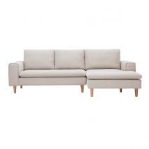 Ecksofa rechts in beigem Samteffekt Textilstoff und hellem Holz RAGNAR
