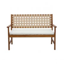 Gartenbank aus Massivholz 2-Sitzer mit weißem Kissen und Riemen L114 cm SANTANA
