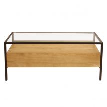 Rechteckiger Couchtisch mit Stauraum aus massivem Mangoholz, Glas und schwarzem Metall B100 cm SITA