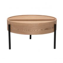 Runder Couchtisch aus hellem Eschenholz und schwarzem Metall mit drehbarer Platte und Stauraum D80 cm YOLINE