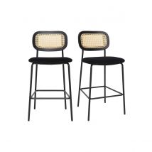 Samt-Designhocker in Schwarz, Schwarzmetall und Rattan-Geflecht (2er Set) MIRANDA
