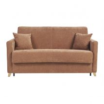 Schlafsofa 3-Sitzer in Samtoptik Stoff gebrannte Erde und helles Holz mit 18 cm Matratze SKANDY