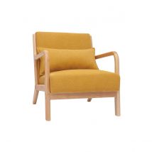 Skandinavischer Sessel aus senfgelbem Stoff mit Samteffekt und hellem Massivholz DERRY
