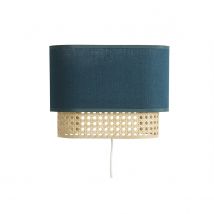 Wandleuchte aus entenblauem Stoff und natürlichem Rattan-Rohrgeflecht H20 cm TIWY