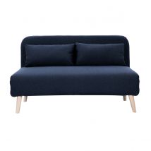 Zweisitzer-Schlafsofa aus dunkelblauem Stoff und hellem Holz AMIKO