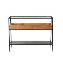 Mesa consola de metal negro con tablero de cristal y estante de madera maciza 100 cm HAORA