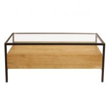 Mesa de centro rectangular con almacenaje de madera maciza de mango, cristal y metal negro 100 cm SITA