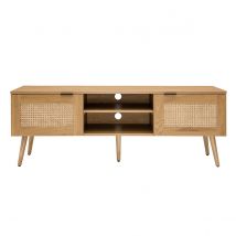 Mueble TV de madera clara, mimbre y metal negro con 2 puertas 140 cm MANILLE