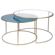 Set de 2 mesas nido de centro en metal dorado y cristal tintado azul petróleo ROXO