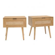 Set de 2 mesillas de noche de madera clara, ratán y metal negro 50 cm MANILLE