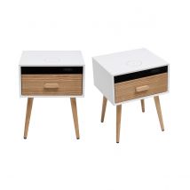 Set de 2 mesillas de noche multimedia de madera clara maciza y blanco mate 40 cm PAVAN