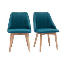 Set de 2 sillas de tela efecto aterciopelado texturizado azul petróleo y madera clara maciza HIGGINS