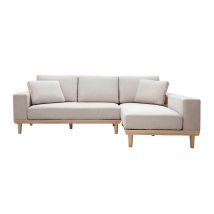 Sofá chaise longue a la derecha 5 plazas con almacenaje de tela texturizada beige efecto aterciopelado y madera clara KOMAO