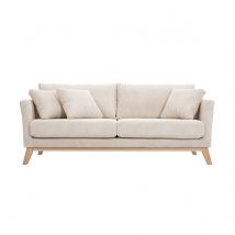 Sofá nórdico 3 plazas desenfundable de terciopelo acanalado beige y patas madera OSLO