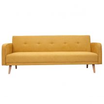 Divano letto scandinavo 3 posti in tessuto effetto velluto giallo senape e legno chiaro ULLA