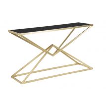 Consolle in metallo dorato, piano in vetro nero 120x40x79cm Piramide