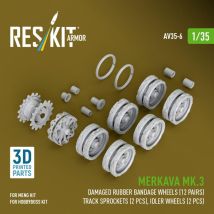 Merkava Mk.3 damaged rubber bandage wheels (12 pairs), track sprockets (2 pcs), idler wheels (2 pcs) [HobbyBoss] (3D Printed)