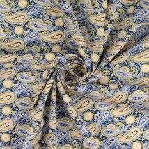 Tissu popeline coton paisley jaune et bleu canard - Mondial Tissus