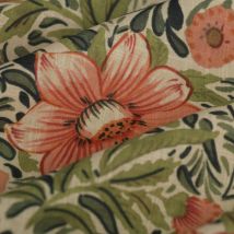 Tissu toile recyclé effet lin hibiscus corail vert - MT - Mondial Tissus