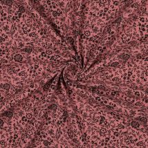 Tissu double gaze feuillage fleuri rose noir - Mondial Tissus