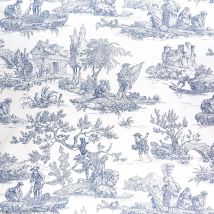 Tissu coton toile de Jouy romantique bleu - Mondial Tissus