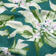 Toile ramie imprimée arbre en fleurs émeraude - Mondial Tissus