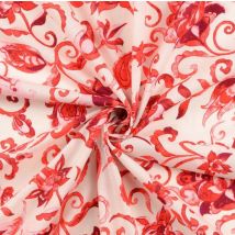 Tissu voile de coton imprimé fleur arabesque rouge - Mondial Tissus