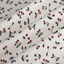 Tissu twill coton cerises rouge écru - Mondial Tissus
