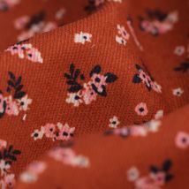 Tissu velours polyester bouquet de fleurs ocre rouille - MT - Mondial Tissus