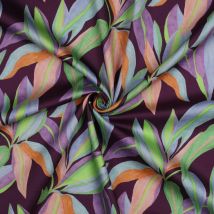 Tissu satin coton digital douce feuilles multico fond violet foncé - Poppy Fabrics - Poppy Fabrics - Mondial Tissus