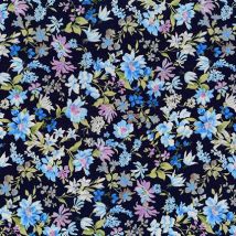 Tissu voile coton japonais marine jardin aquarelle bleu violet - Mondial Tissus