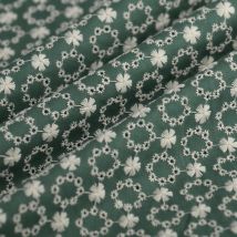 Tissu voile coton vert brodé feuille blanc - Mondial Tissus