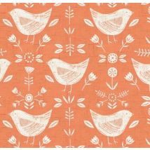 Tissu coton épais bachette oiseaux et fleurs Blanc-orange - Qualité Siège - Fryett's - Mondial Tissus