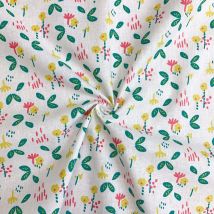 Tissu cretonne coton blanche dessins fleurs vert jaune rose