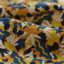 Tissu cretonne découpe de fleurs bleu canard jaune - MT - Mondial Tissus