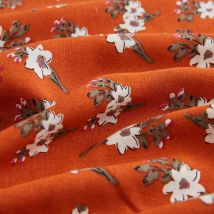 Tissu twill viscose orange fleurs blanches - MT - Mondial Tissus