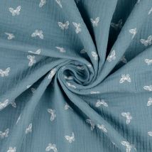 Tissu double gaze imprimé papillons bleu gris