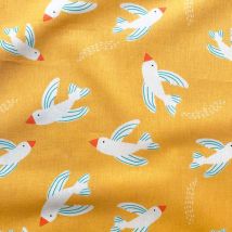 Tissu cretonne coton moutarde motif birdie blanc - DOMOTEX - Mondial Tissus