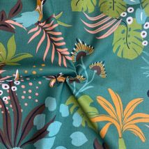 Tissu cretonne coton émeraude motif perroquet jungle multico