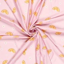 Tissu maillot de bain recyclé imprimé digital orange fond rose - Mondial Tissus