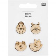 Lot de 4 boutons bois coccinelle, chenille, grenouille et oiseau - Rico Design - Rico Design - Mondial Tissus