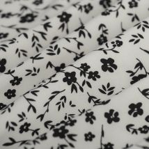 Tissu satin léger polyester extensible floral tige noir écru - Mondial Tissus