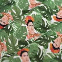 Tissu cretonne Frida Khalo tropiques vert