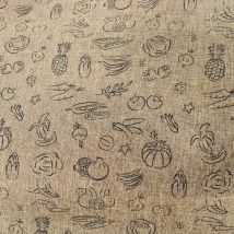 Toile effet jute motifs fruits légumes choco - Mondial Tissus