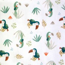 Tissu cretonne imprimé bio perroquet en folie vert et blanc - DOMOTEX - Mondial Tissus